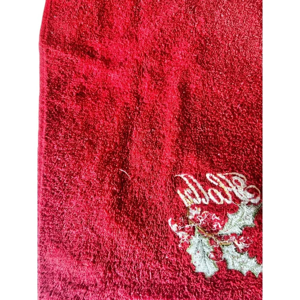 Set Of 2 Red Christmas Hand Towels With Embroidered Holly Leaves & Berries 15.5”